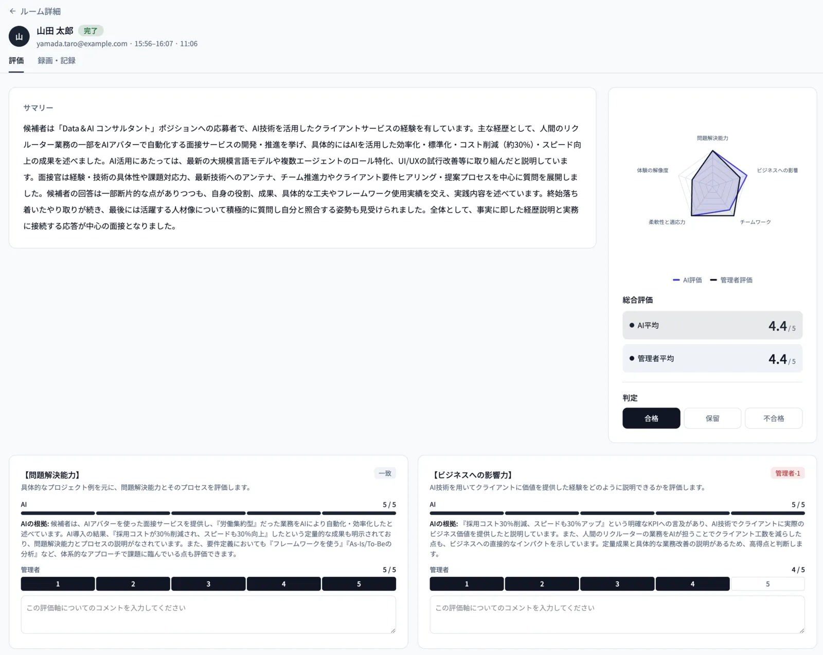 面談の評価画面。AIが書いたサマリーと、AI評価と管理者評価を重ねたレーダーチャート、評価軸ごとの点数と根拠