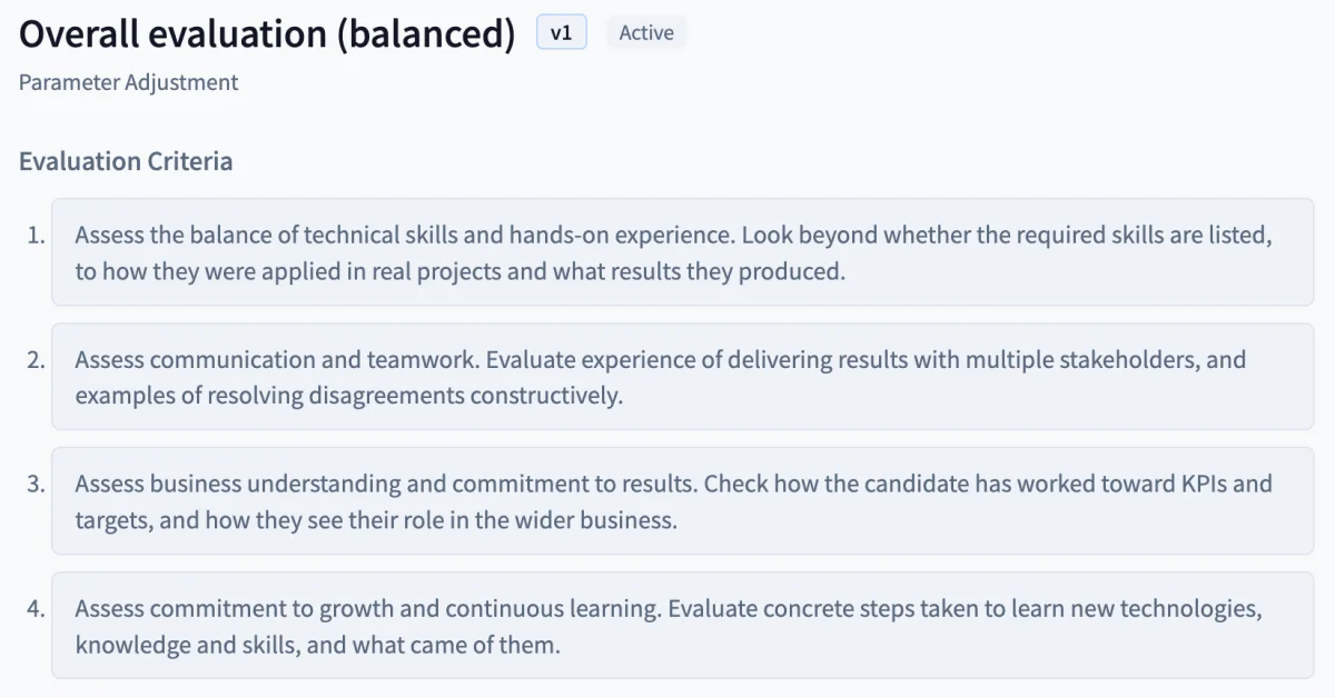 Evaluation settings: criteria written in your own words and managed as versions.
